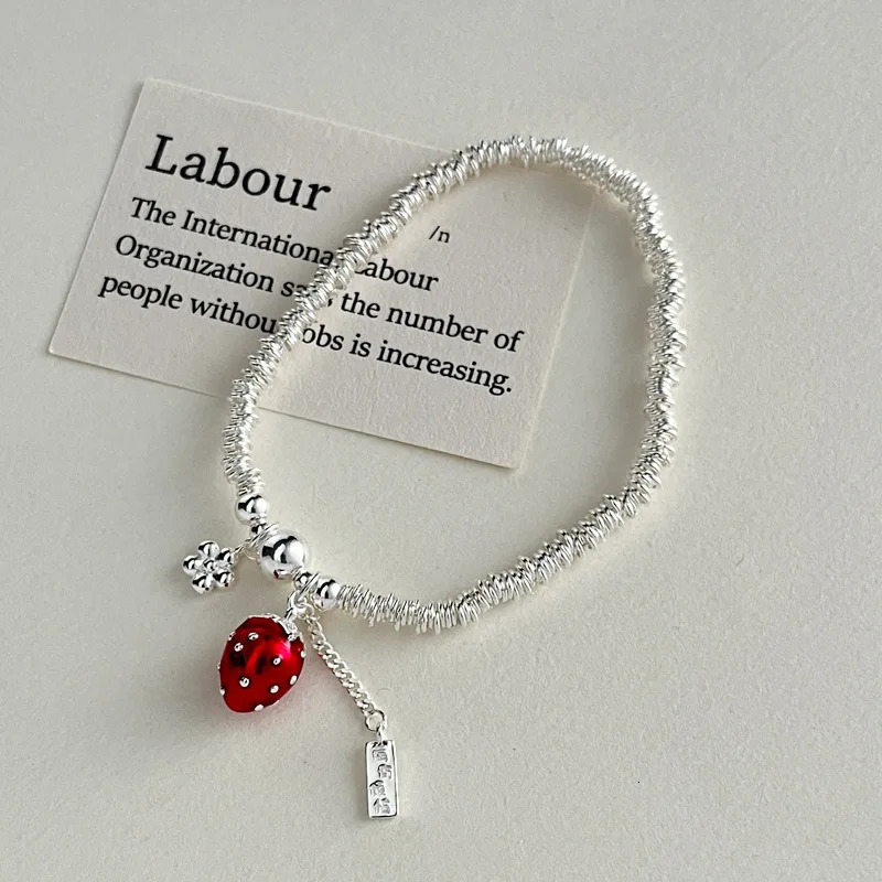 Berry Trouble Bracelet 925 sterling silver red oil drop strawberry long silver round bead bracelet for women B3273 250102