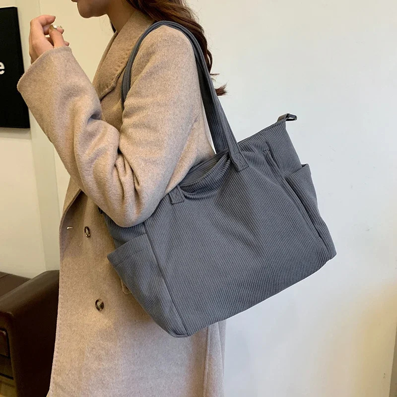 Corduroy Large Capacity Womens Tote Bag Zipper Solid Color Versatile Casual Crossbody Bag Soft Trendy Simple Handbag 250102