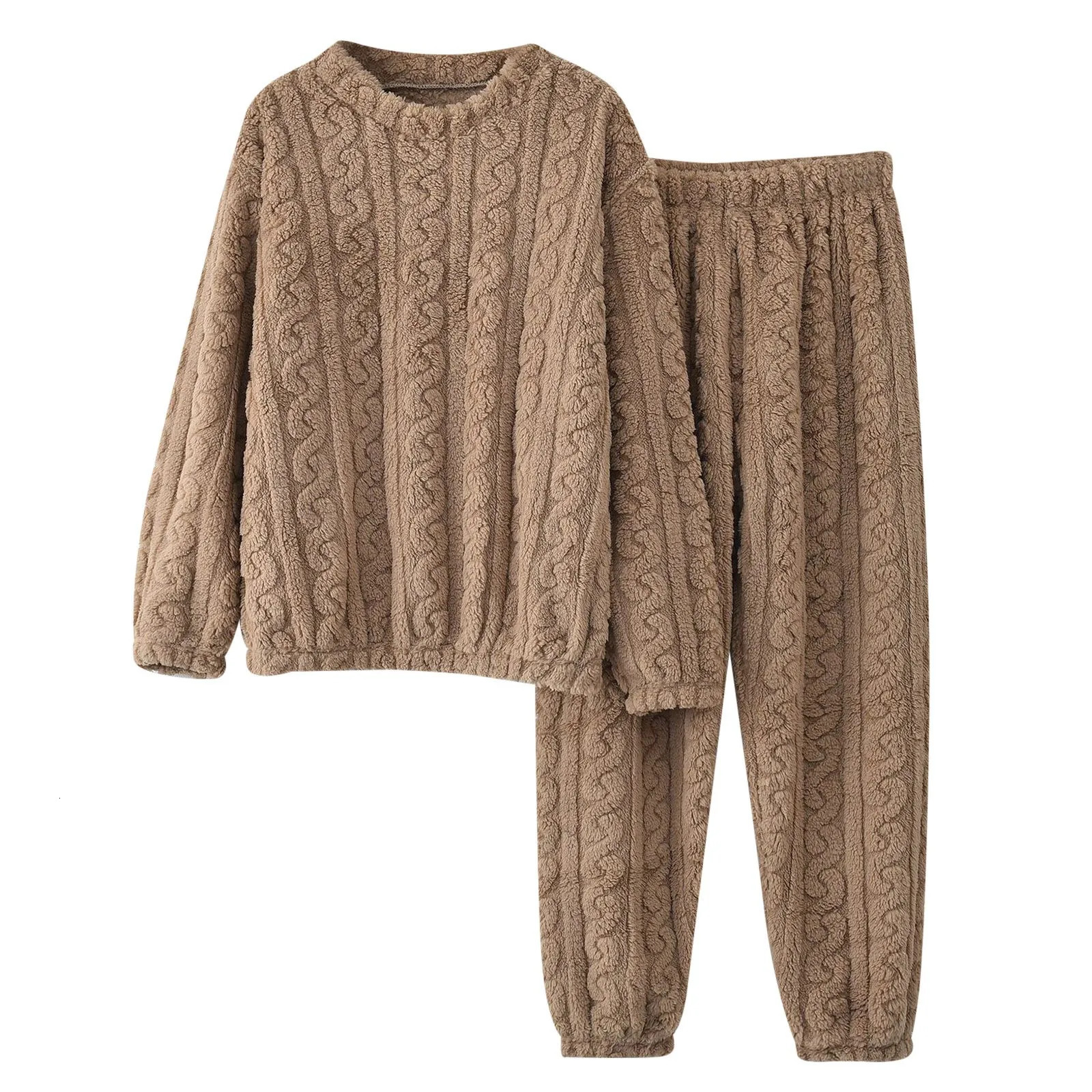 Coral Fleece Sleepwear 2 Piece Set Men Women Autumn Winter Warm Flannel Pajamas Suits Solid Color Pullovers TopsTrousers Suit 250103