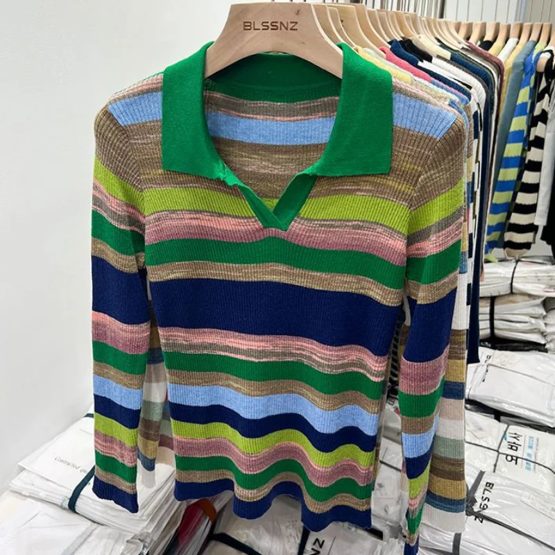 Polo neck womens long sleeved top striped clothing knitted youth provides fashionable and elegant summer womens cotton T-shirt 250103