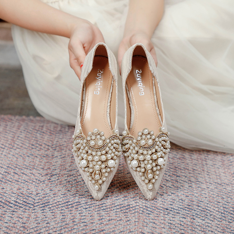 Spring Autumn New Large Women's Shoes Lace Pearl Wedding Footwear Casual Pointed Mary Jane Comfort Fashion Ladies Shoes