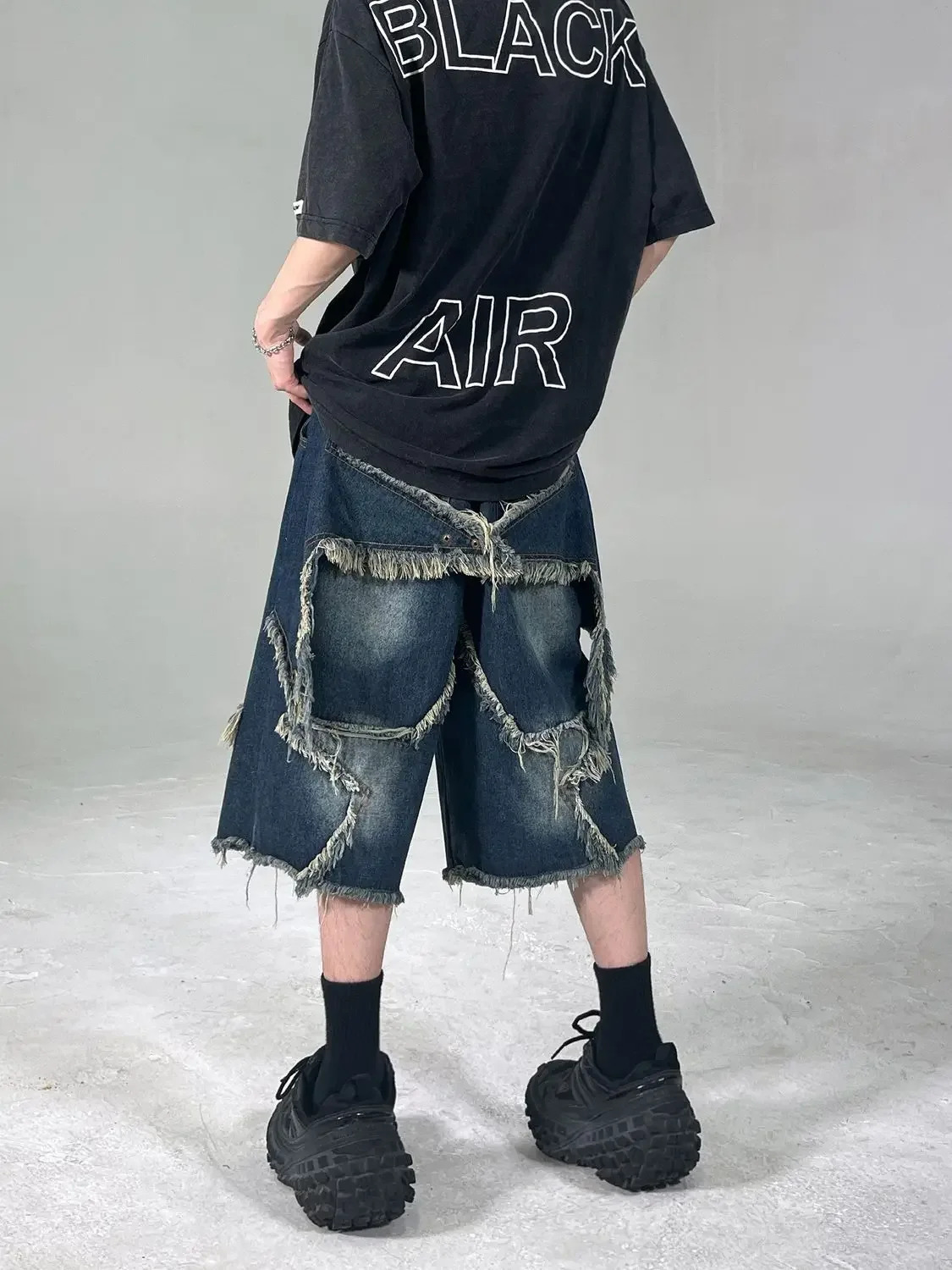 High Street retro star patch tassel mens denim shorts loose casual hip-hop street couple pants sports sweater 241230