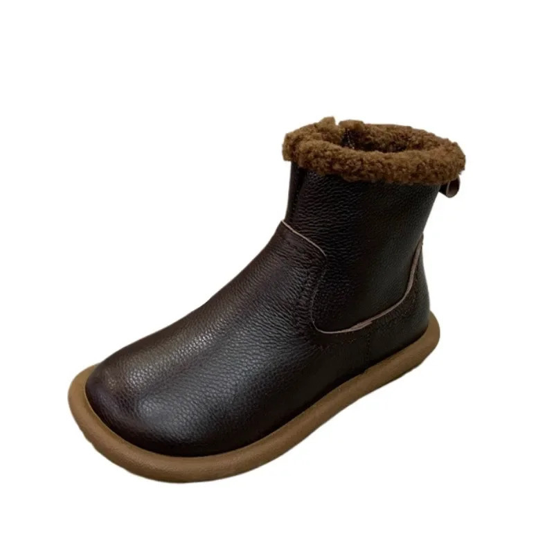 Fur Flats Women Snow Ankle Boots Leather Short Plush Cotton Shoes 2025 Trend er Warm Cozy Casual Winter Botas De Mujer 250103