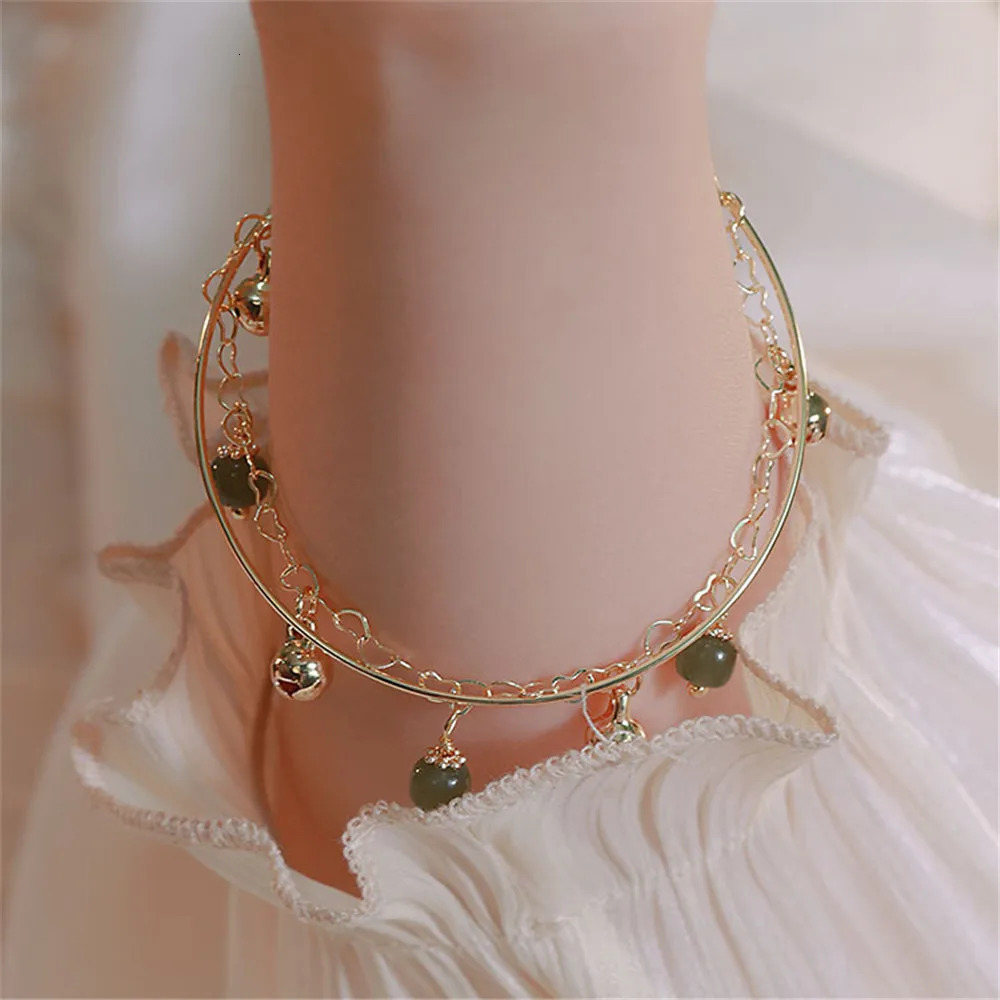 Handmade Natural Hetian Jade Pearl Bell Charm Bracelet Womens Ins Niche Double layer Stacking Wear Romantic Antique Jewelry 250102