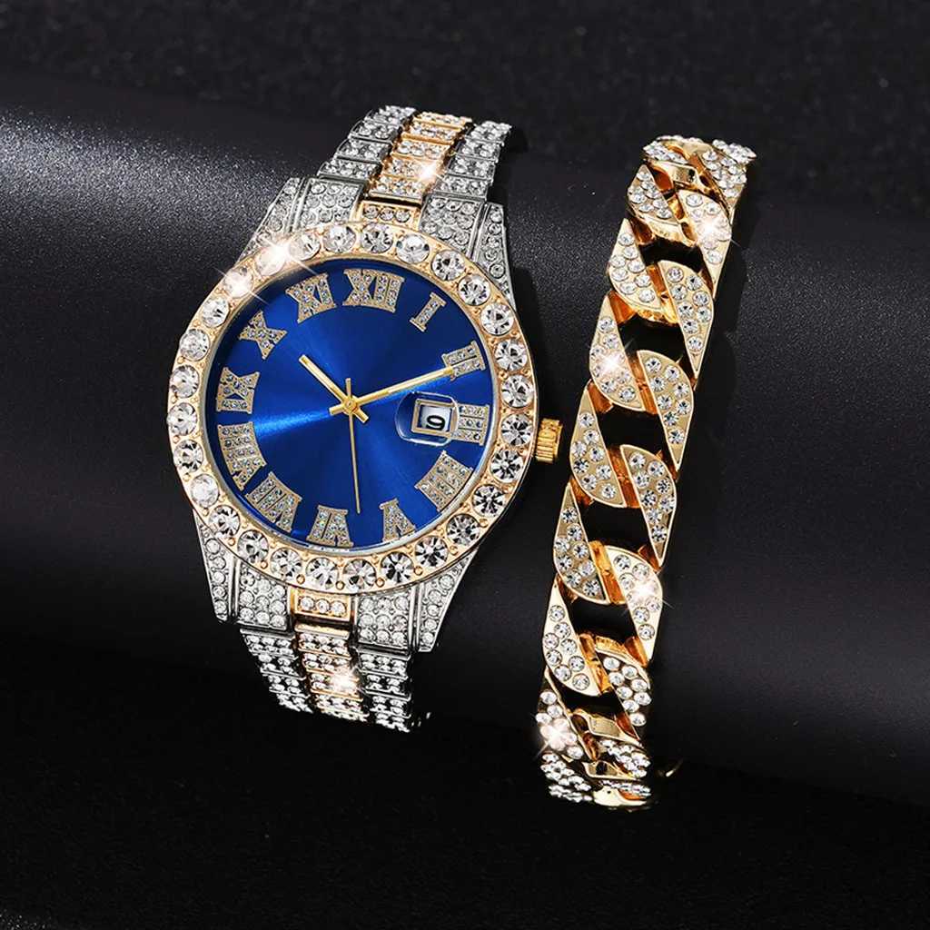 2 pieces+Bracelet Hip Hop Stain Steel Gold Calendar suitable for mens d out Rhine stone mens Reloj Hombre W250104