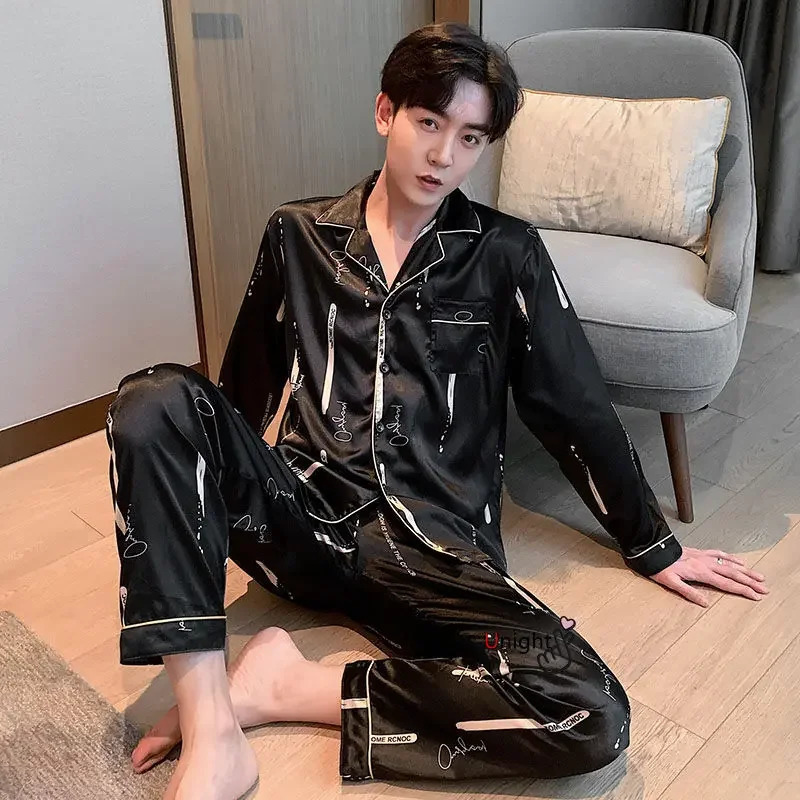 Men Silk Pajamas Trousers Suit Full Body Pajama Homewear Oversize Sleepwear y for Autumn Winter 5XL 250103