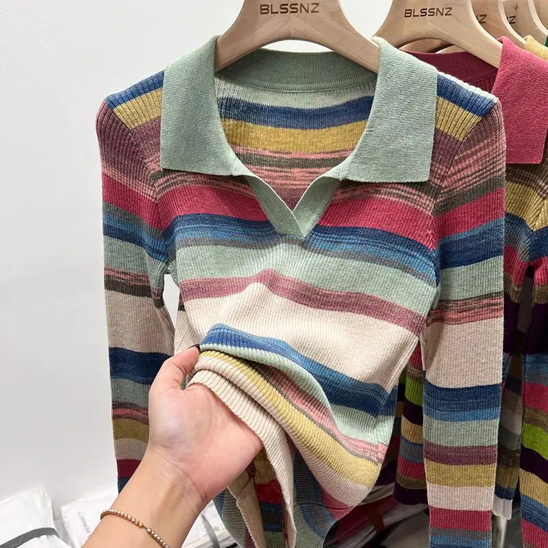 Polo neck womens long sleeved top striped clothing knitted youth provides fashionable and elegant summer womens cotton T-shirt 250103