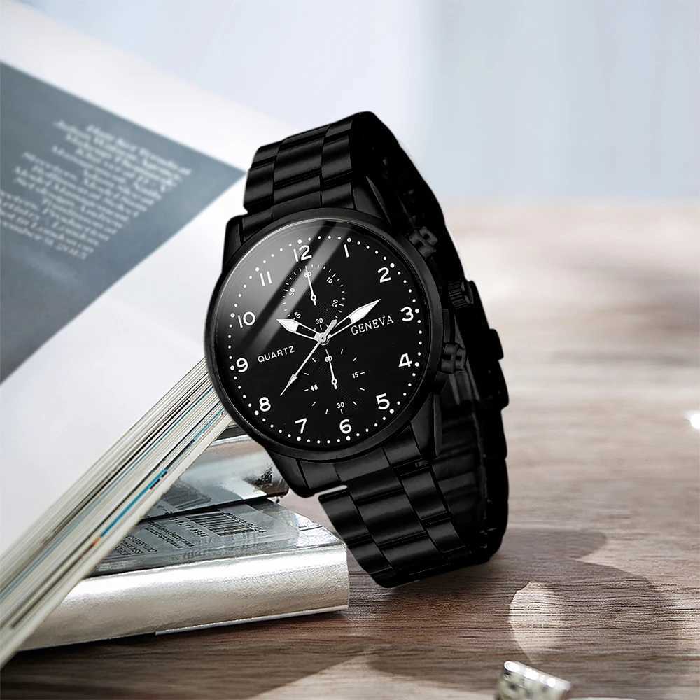 2PCS Mens Black Casual Fashion Three Eye Element Dial Quartz Wrist Leather Str Jewelry Set W250104
