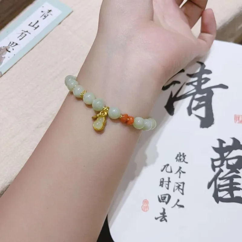 Natural Hetian Jade Round Bead Bracelet with Gourd Accessories Fashionable Womens Models 250102