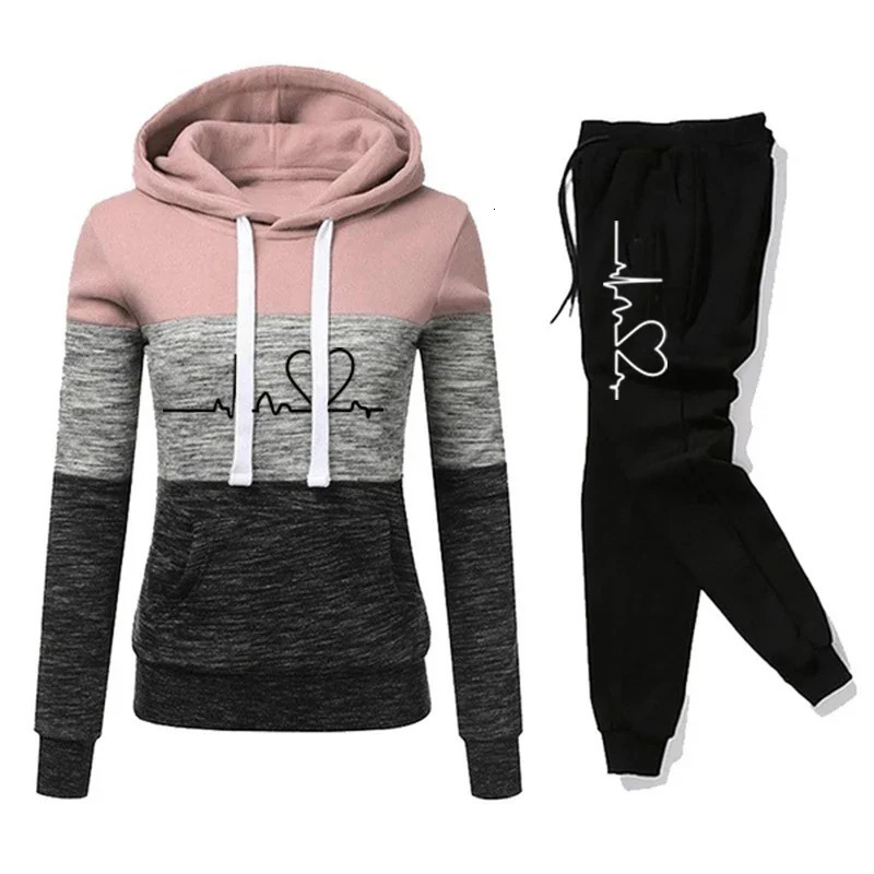 Womens Tracksuit printed hooded sweatshirt sports pants color block casual jogging rally sports Trouser set S-3XL 241230