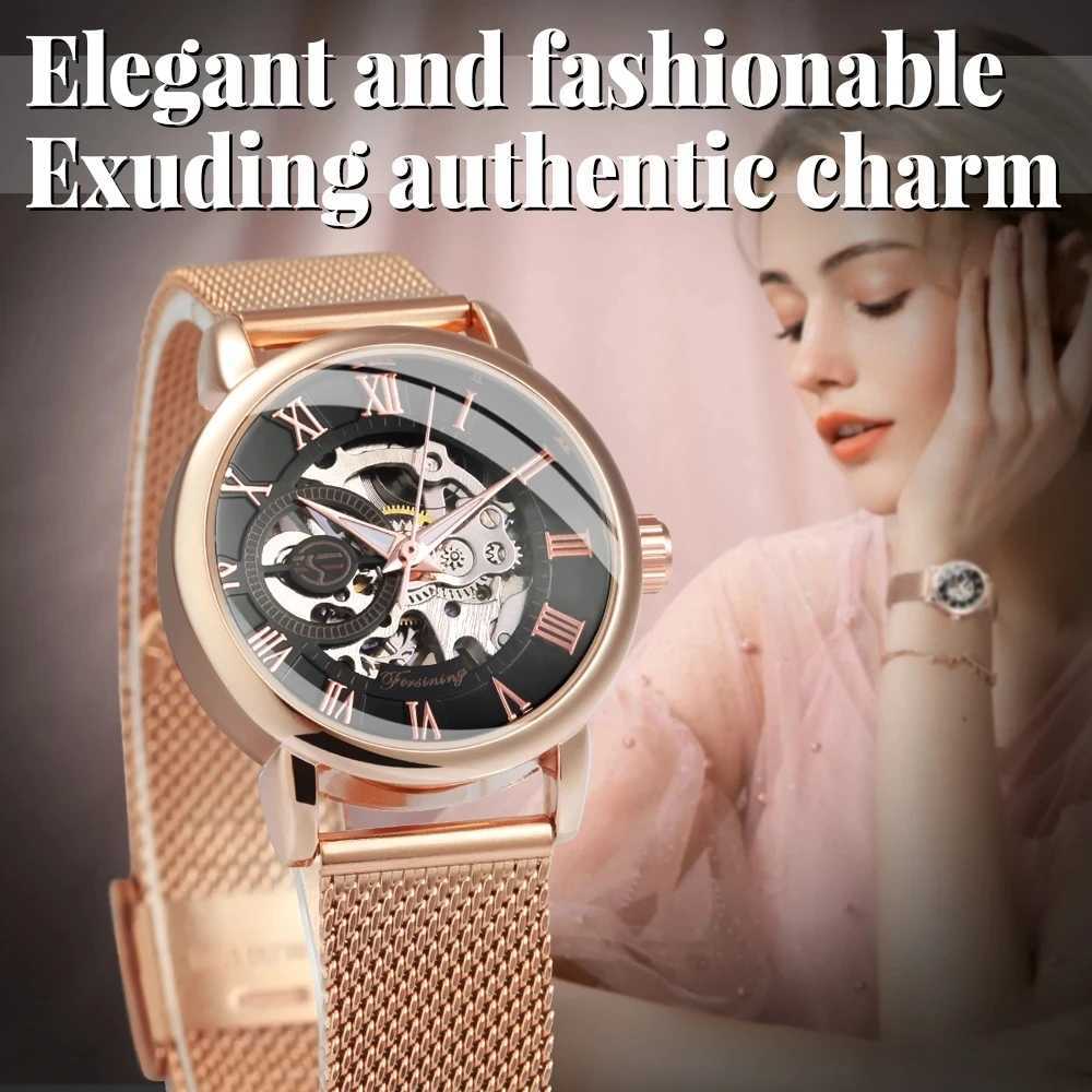 Forsining 99 Fashion Elegant Skeleton for Women New Luxury Factory Mechanical Wristes Rose Gold Laes W250104