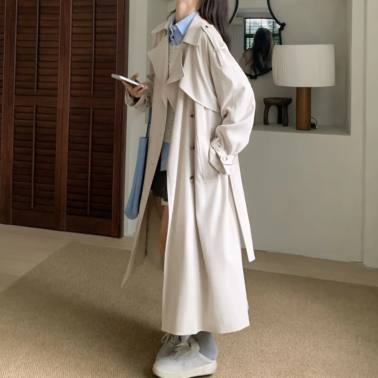 Loose Long Trench Coat In Beige Autumn 2024 Double Breasted Sleeve Elegant Slimming Korean Style Womens Outerwear 250102