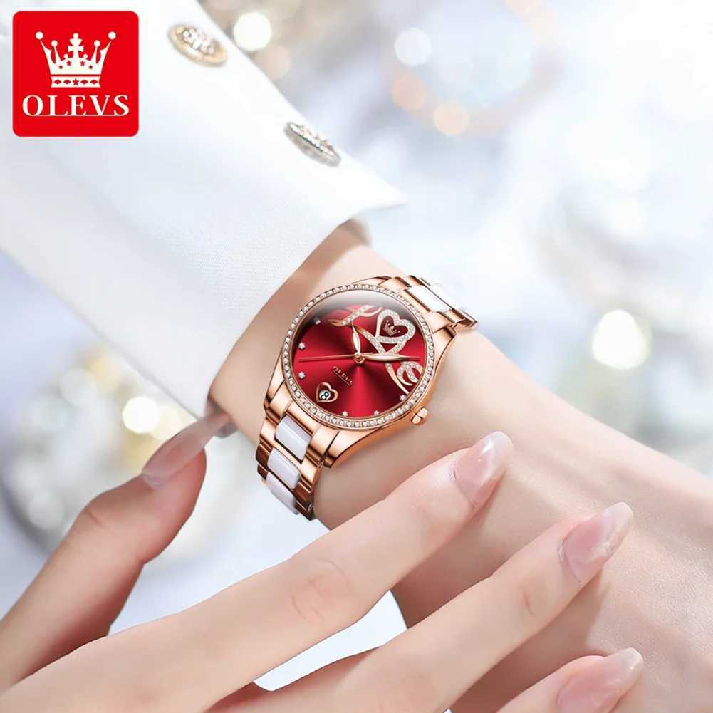 OLEVS Original Automatic Womens Watch Elegant Diamond Dial Ceramic Str Mechanical Watch Set W250104
