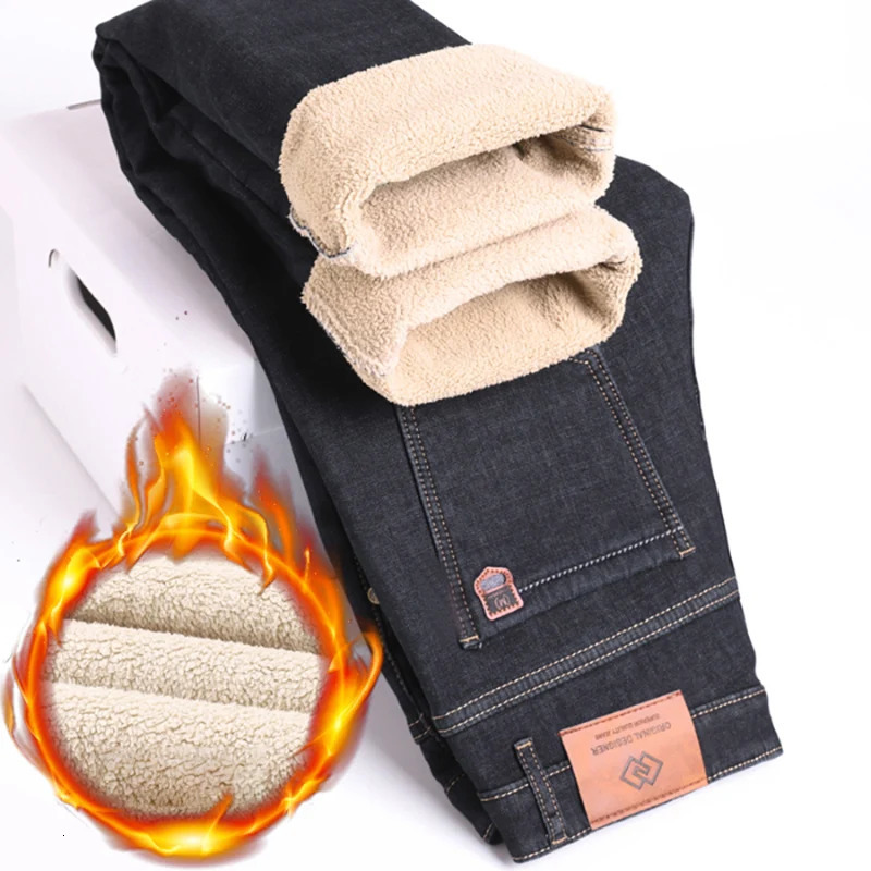 Winter Men Plush Wool Elastic Straight Denim Pants Soft Fabric Thicken High Waist Stretch Jeans Male Warm Fleece Work Trousers 241230