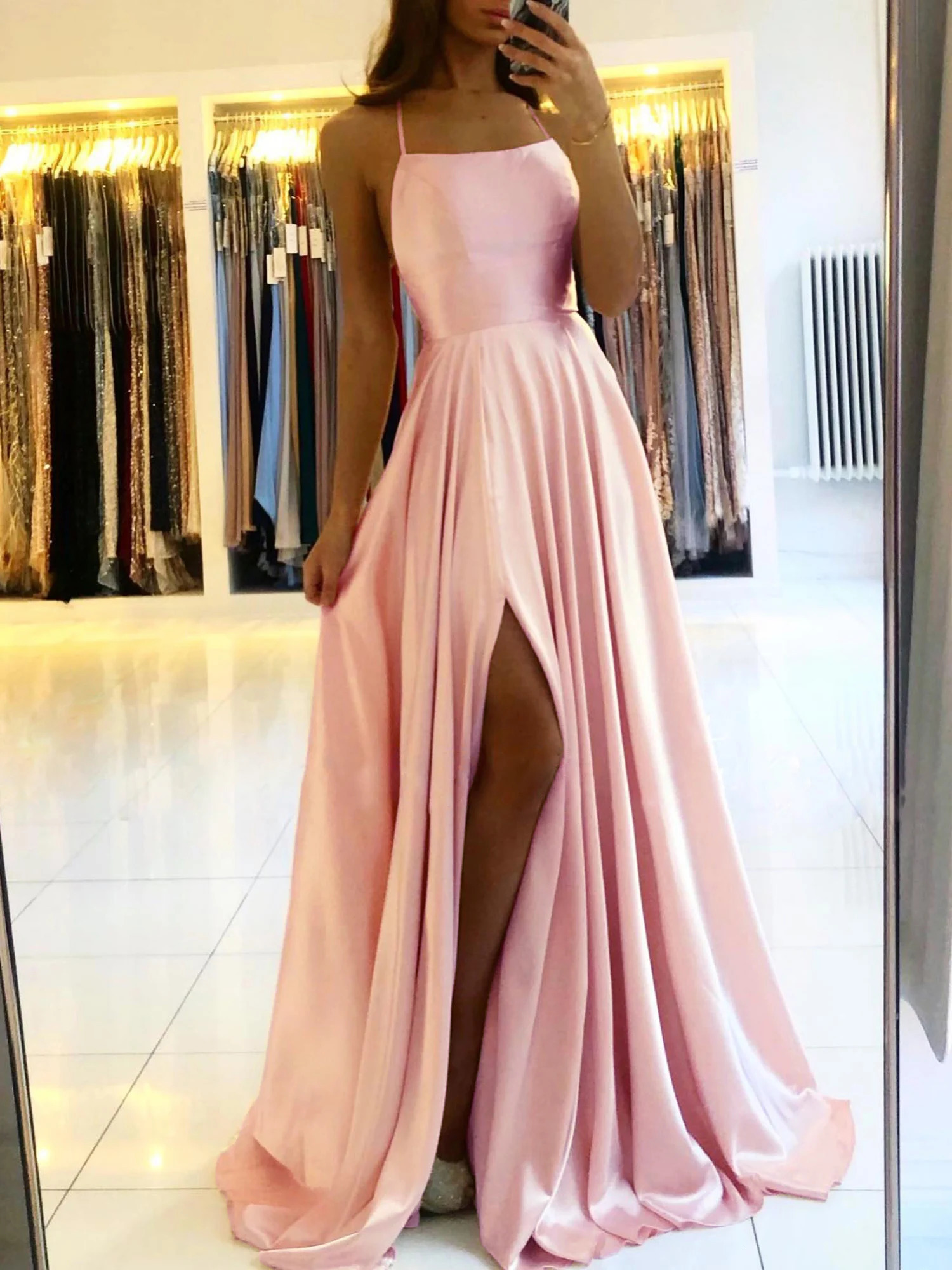 Womens Blue A-line Long Satin Evening Dress Womens Simple spaghetti Strap Sexy Sewing Wedding Ball Dress Vestidos 250103
