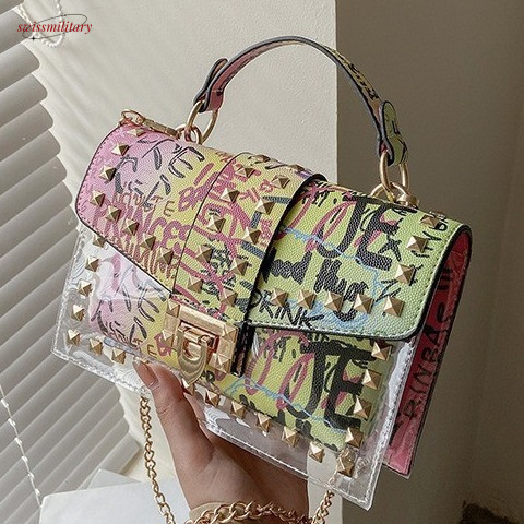 Bag girl funny graffiti letter small square Fu Shang shoulder transparent jelly chain crossbody bag #31 swissmilitary