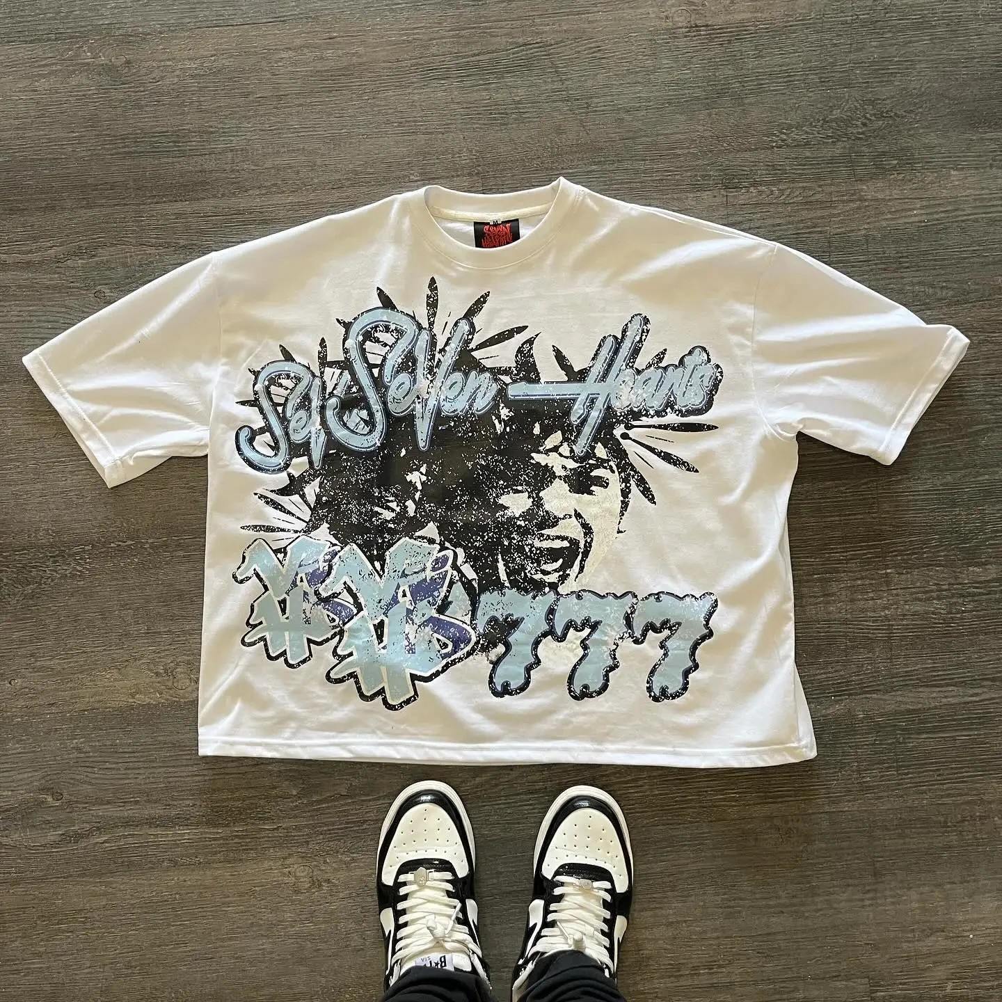 777 Graphic Cotton T-shirt printed with oversized Gothic style smart casual Harajuku streetwear Graphic Y2k top Gothic mens clothing 241230