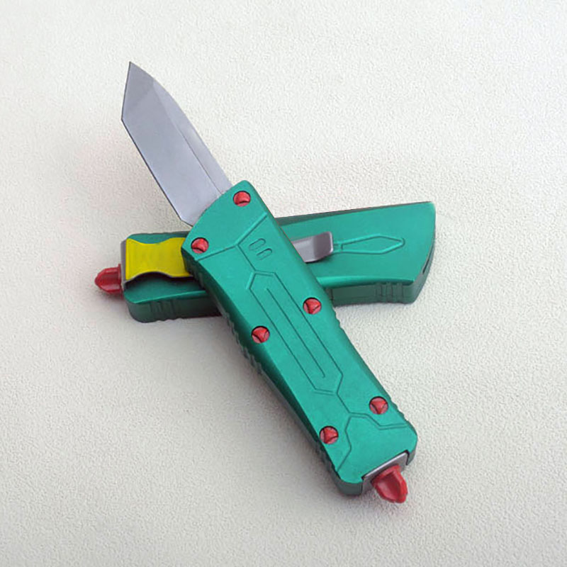 High End 7102 Small Tactical Knife D2 Satin Blade Green CNC 6061-T6 Aviation Aluminum Handle Outdoor EDC Pocket Gift Knives with Nylon Bag and Repair 