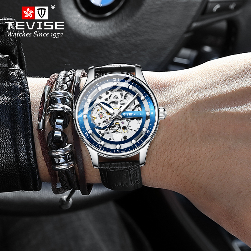 TEVISE New Style Mechanical Watch Hollow-out Design, Mens Leather Strap Fashionable Waterproof Men's Mechanical Watch T027- T836D
