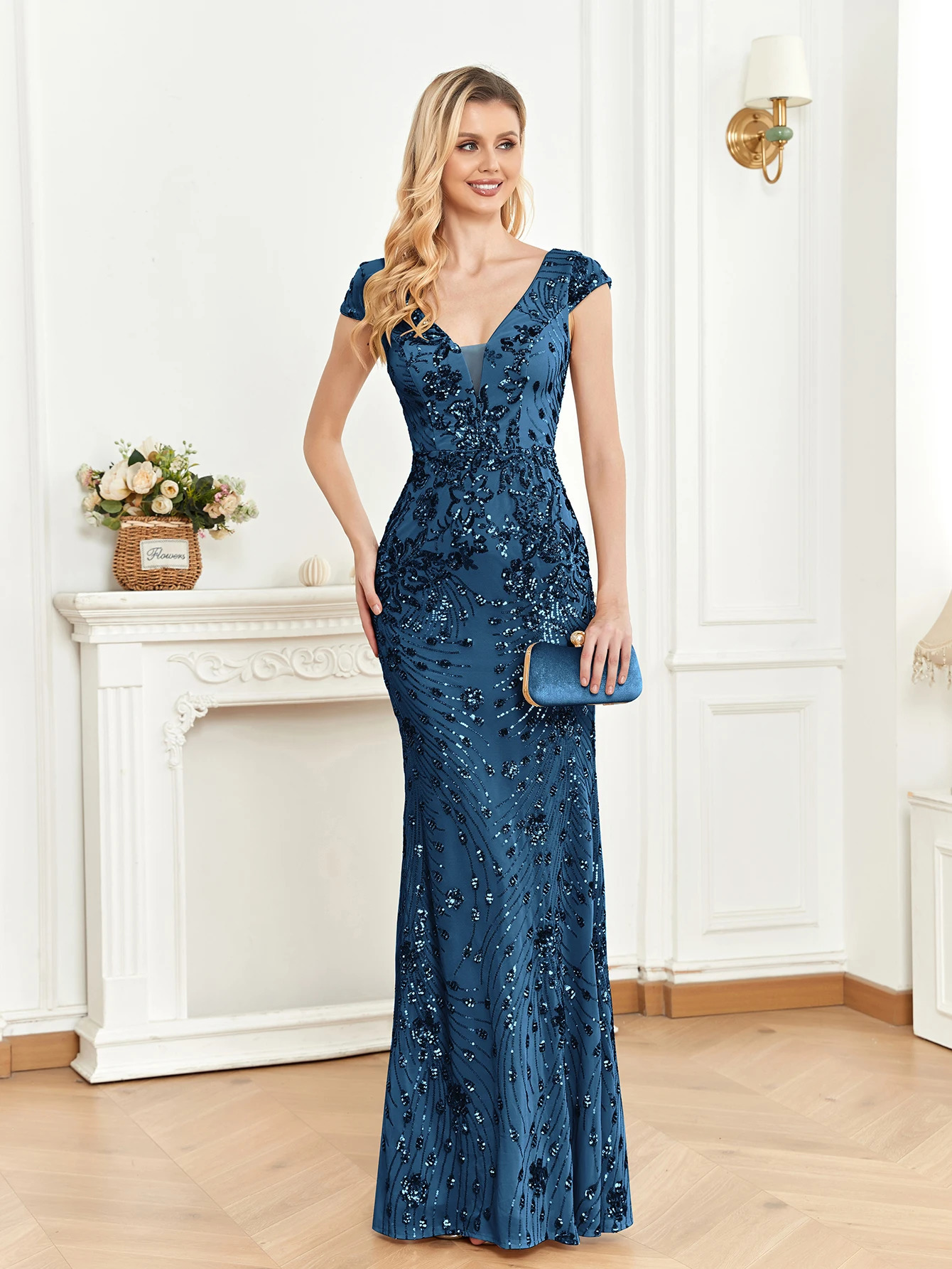 Xuibol Elegant Champagne Sparkle Evening Dress Womens Long Mermaid Formal Deep V-neck Ball Party Dress 250103
