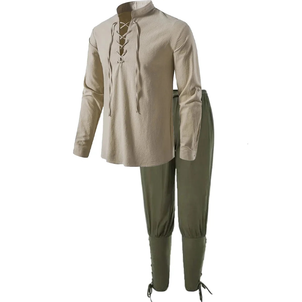 2Pcs Mens Medieval Knight Costume Set Renaissance Cosplay Pirate Shirts Ankle Banded Pants For Halloween Cotton Linen Fabric 250102