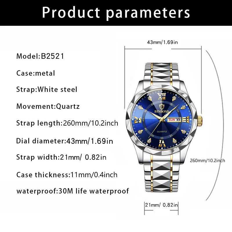 BINBOND Top Brand Luxury Fashion Quartz Mens Waterproof Week Date Clock Stainless Steel Sports Mens Quartz Watch W250104