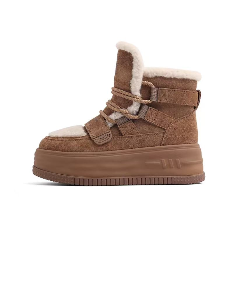 Wool genuine leather and plush snow boots for winter New waterproof anti slip thick soled thickened fur integrated cotton shoes and short boots