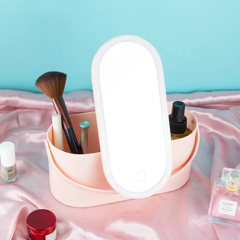 Makeup Organizer Box with LED Light Mirror Portable Travel Makeup Cosmetics Organizer Touch Light Storage Makeup Case 250103
