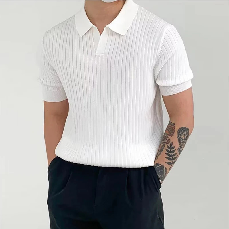 Fashion knitted solid color mens polo shirt ultra-thin short sleeved lapel ribbon polo T-shirt summer mens clothing casual top 241230