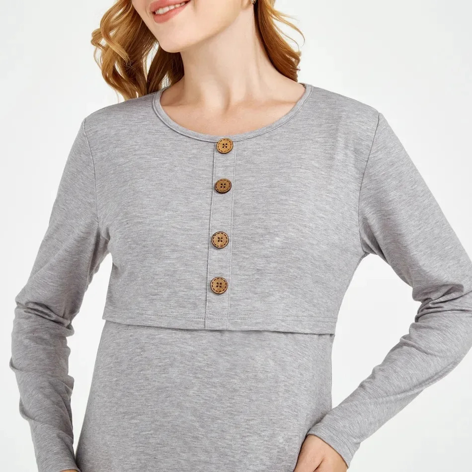 Solid Color Maternity Long Sleeved Round Neck Breastfeeding Dress Solid Color Nursing Tops For Breastfeeding Dress 250103