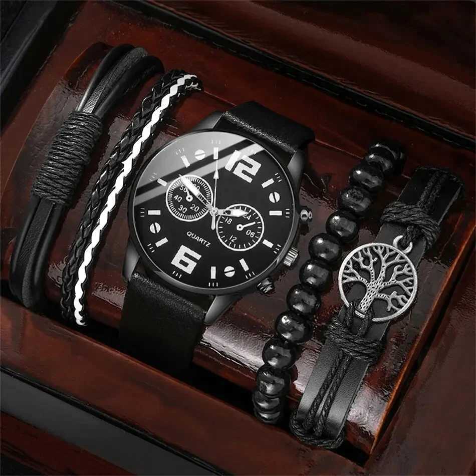5-piece set of fashionable mens sports bracelet mens retro large dial quartz wrist classic mens casual brown leather W250104