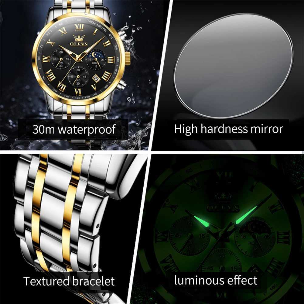 OLEVS 5529 Top Luxury Brand Mens Waterproof Luminous Stainless Steel Moonphase Timing Code New Quartz Mens W250104