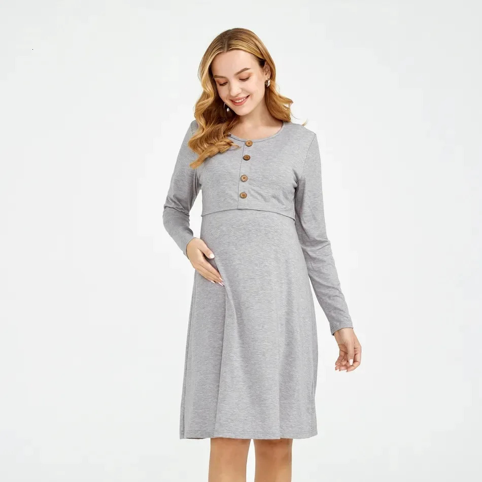 Solid Color Maternity Long Sleeved Round Neck Breastfeeding Dress Solid Color Nursing Tops For Breastfeeding Dress 250103