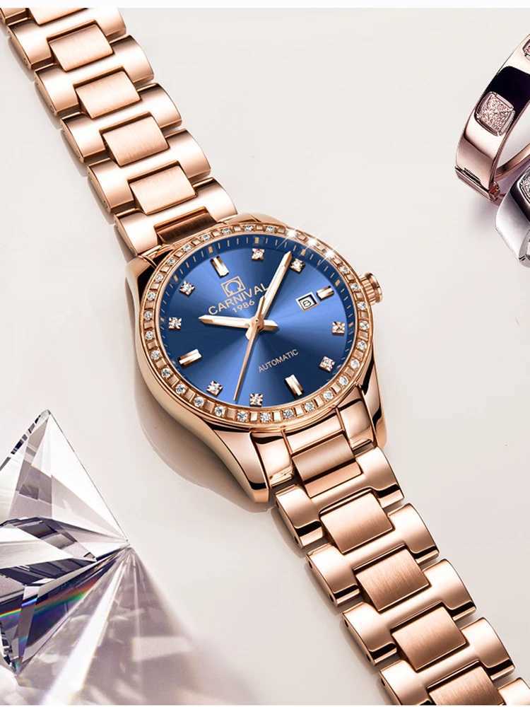 Carnival New Luxury Rose Gold Blue Dial Women Dr Automatic Mechanical es Bracelet Womens Gift Reloj Mujer W250104