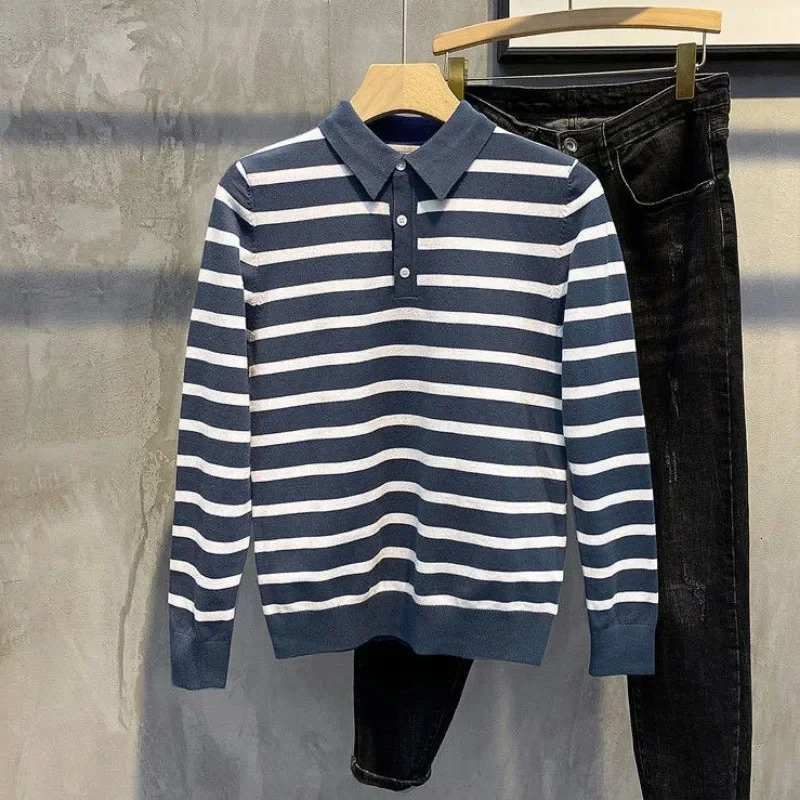 Knitted Winter Tight Mens Clothing Ultra Thin Fit Mens Polo Shirt Green Stripe High Quality Bulk Original Full Set XL 250103