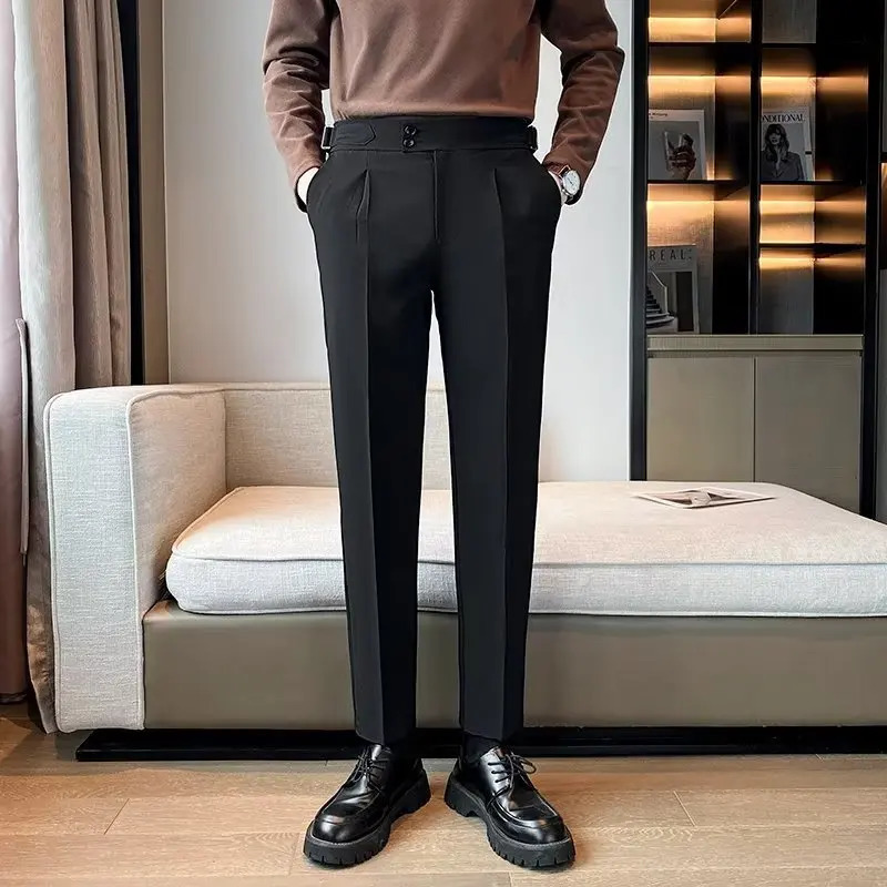 British Style Solid High Waist Draped Trousers Korea Men Formal Blazer Pants Slim Business Casual Suit Pants Hommes 250103