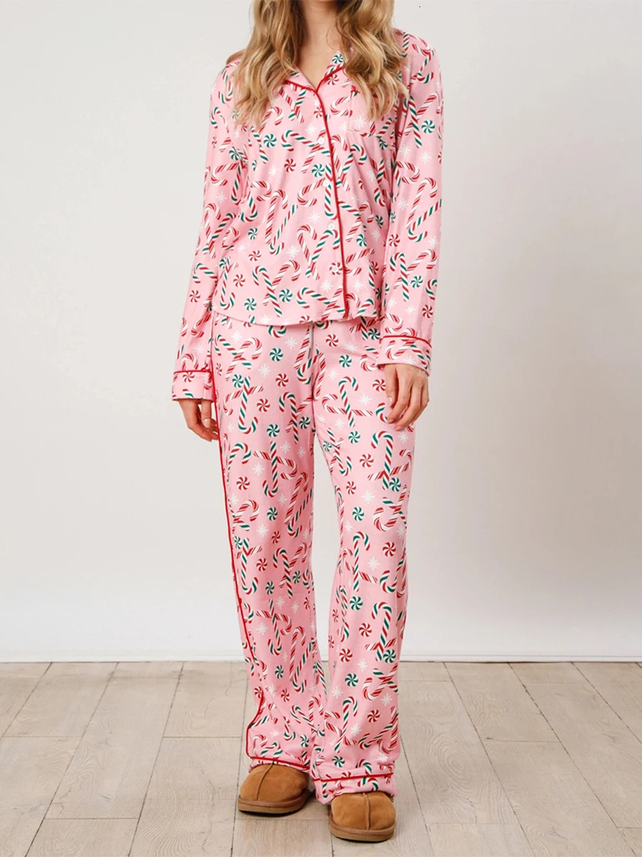 Women s 2 Piece Lounge Set Long Sleeve Reindeer Christmas Tree Print Shirt Flared Pants Pajama Sets for Sleepwear 250103