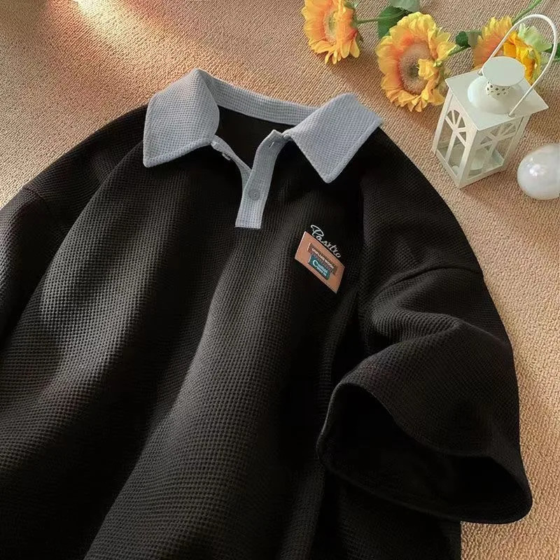 Polo shirt short sleeved T-shirt mens summer vintage American fashion waffle fully matched heavy-duty half sleeved top 241230