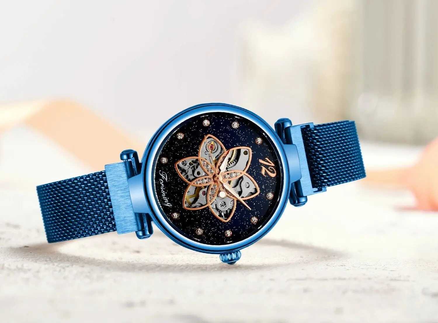 Automatic Womens Diamond Womens Mechanical Wind Blue Steel Strap Wristband W250104