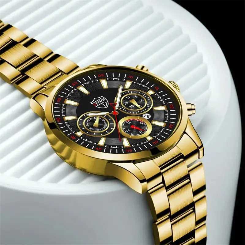 Mens top brand luxury gold calendar with stainless steel band fashion Busin quartz wrist Relogio Masculino W250104