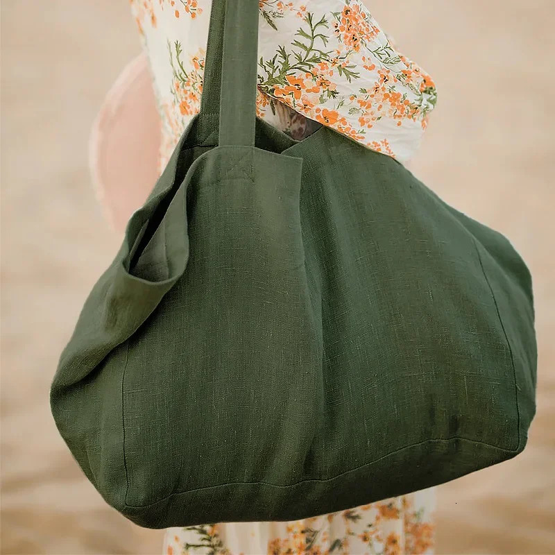 Harajuku Korean Women Retro Cotton Linen Shopping Bags Large Casual Solid Color Foldable Beach Handheld Shoulder Bags 250102