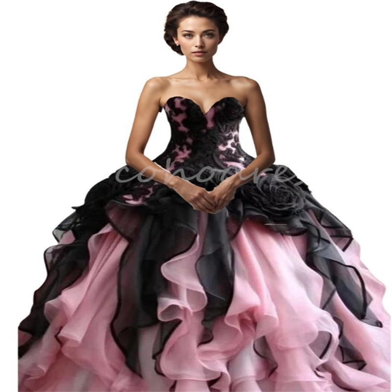 Fantasy Gothic Victorian Prom Dress Black With Pink Ruffles Rococo Costume Masquerade Evening Dress Lace Floral Renaissance Medieval Vestio De 15 Anos