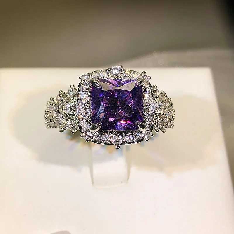 925 solid color gemstone ring for womens luxury high-end super sparkling purple zircon bright all diamond jewelry giftXJ250412