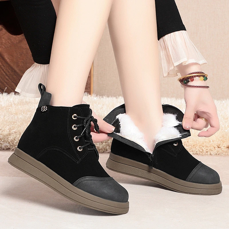 AIYUQI Women Short Boots Genuine Leather Natural Wool Women Winter Shoes Boots Flat Anti-Slip Women Casual Ankle Boots