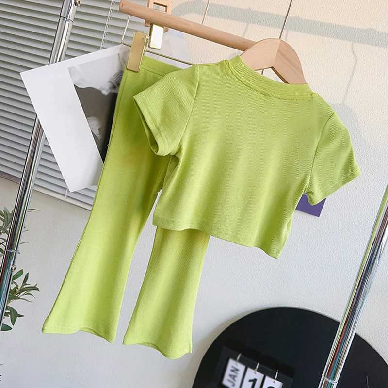 Two piece summer girls sweet fashion set childrens breathable casual clothing solid color Korean round neck setXJ250410