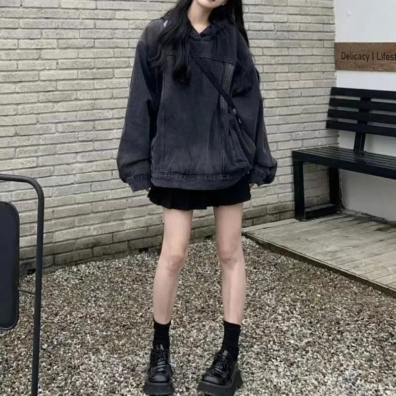 American Style Vintage Womens Denim Sweatshirt Jacket Loose Fit Hooded Pullover Sweatshirt Trendy Spring Autumn Arrival 250102