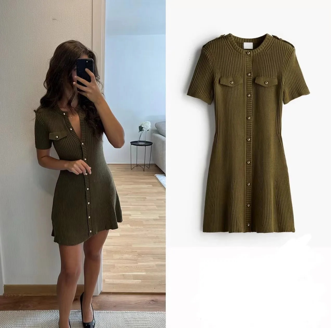 Elegant Knitted Mini Dress For Women Metal Button Sexy Slim Rib Sweater Dresses Female Holiday Party Outfits Autumn 2024 250102