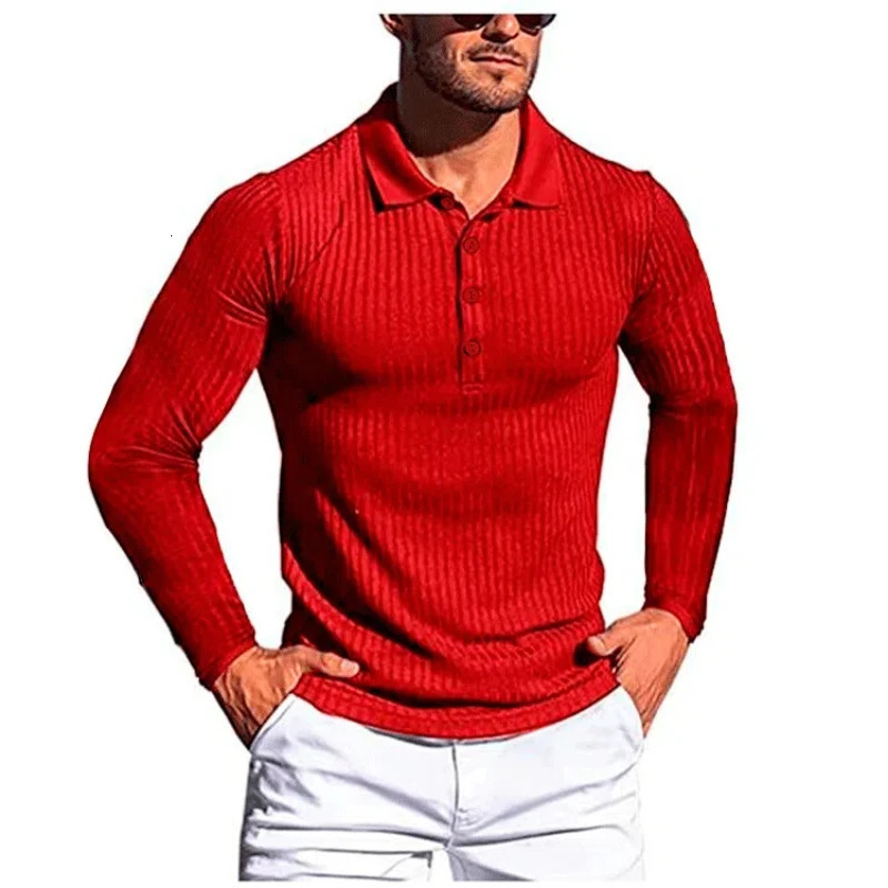 Mens Running Polo Shirt Summer Retro High Street High Elasticity Tees Vertical Stripe Long Sleeve Ultra Thin Knitted Top 250103