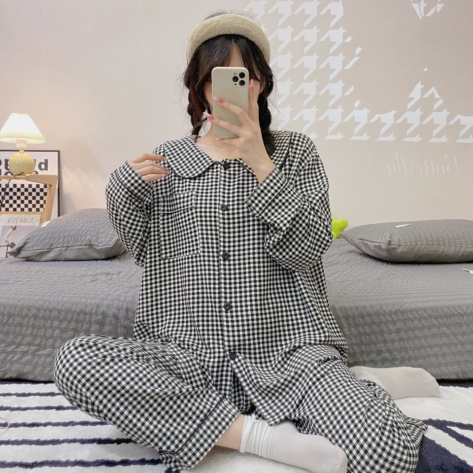 Plus Size Pajama Mujer Cherry Print Sleepwear Set Long Sleeve TopPants Ruffle Homewear SkinFriendly Breathable 250103