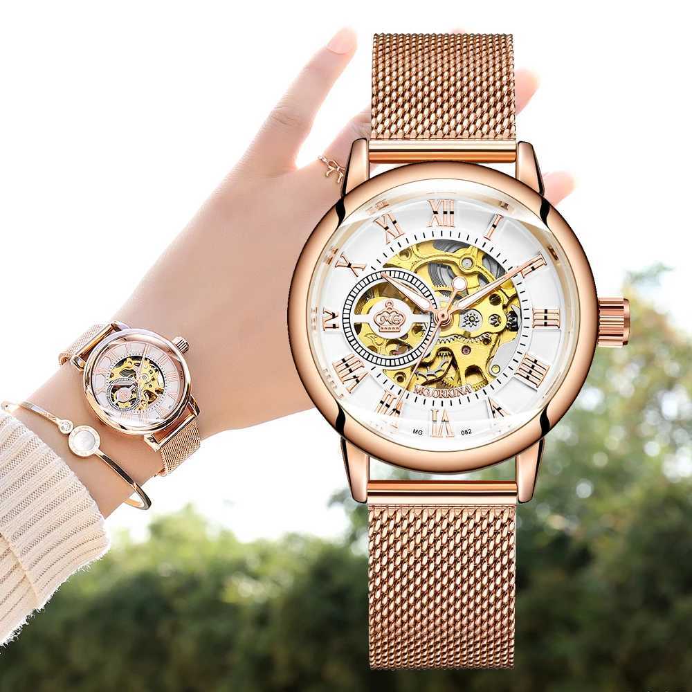 Orkina Mechanical Women Bracelet Skeleton Automatic Wrist Mesh Stainless Steel Strap Womens Clock Fashion Reloj Drone W250104
